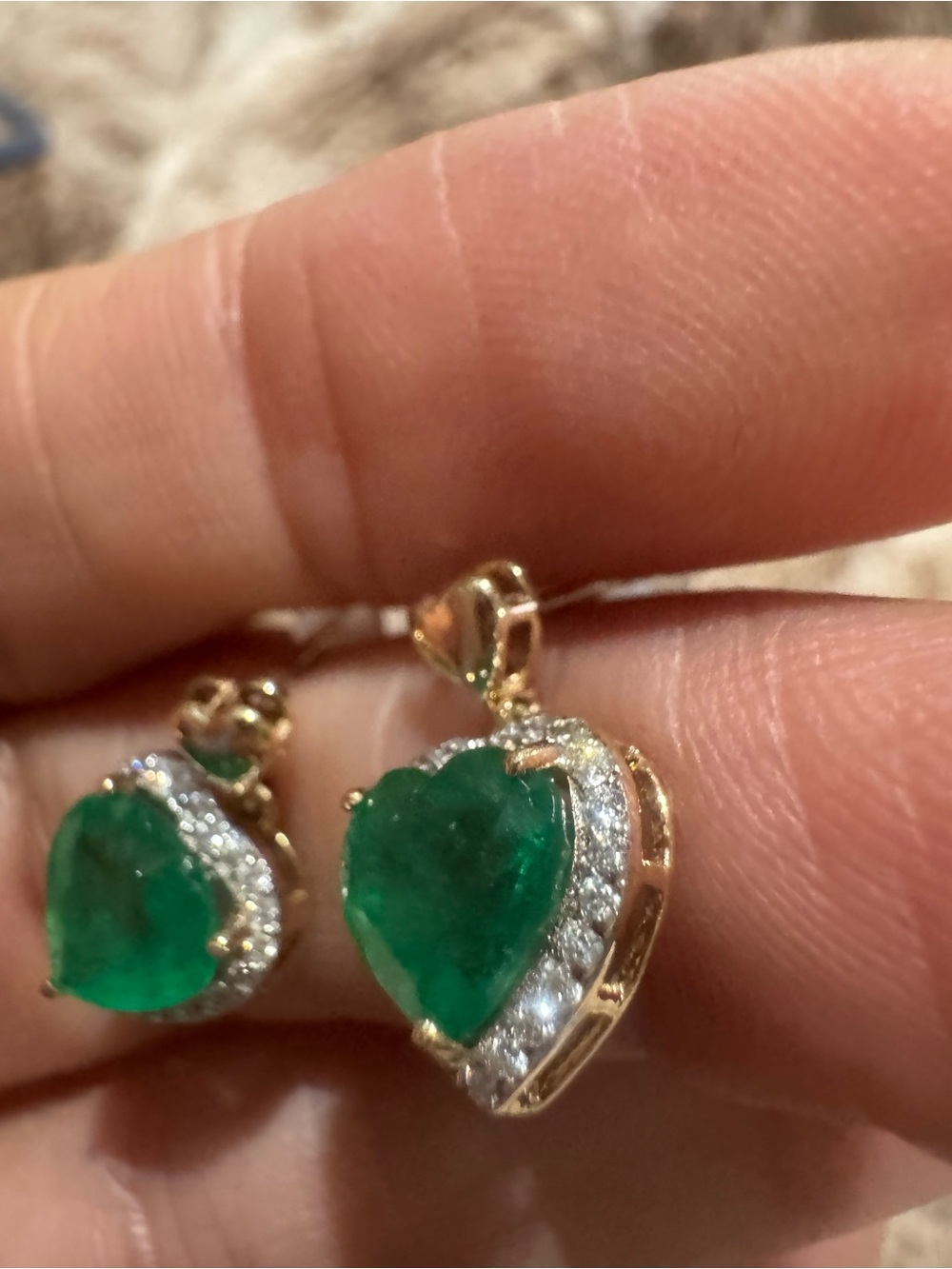 Certified Natural Emerald & Diamond Heart Earrings 14K YG | 2.56 CT Emeralds - Picture 5 of 16